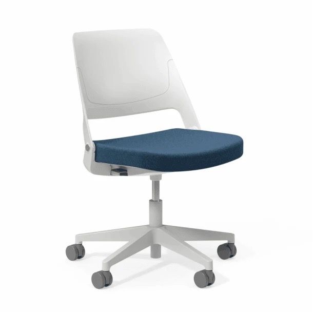 White office chair with blue seat cushion and five-wheel base