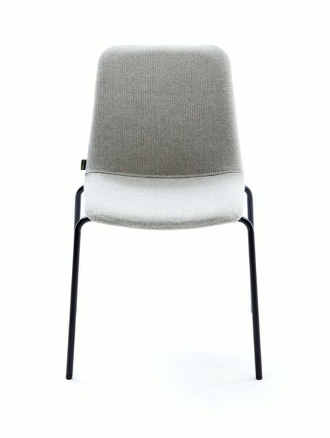 Gray upholstered chair with black metal legs on a white background