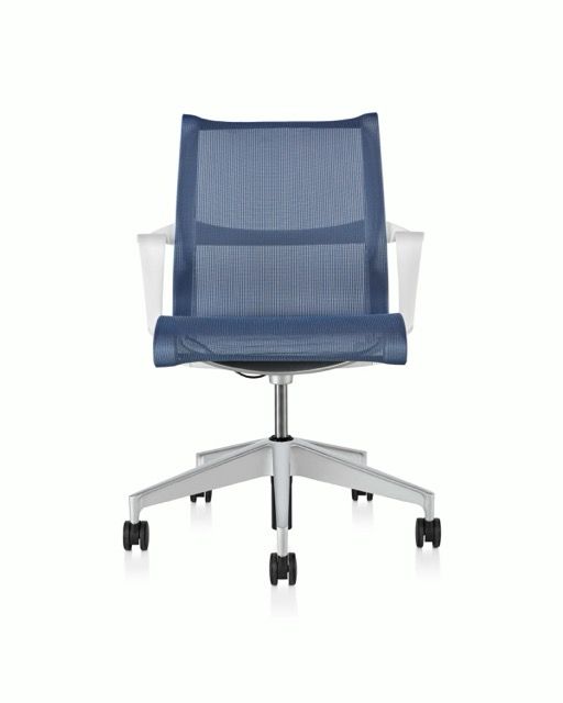 Blue mesh office chair with silver base and casters on a white background
