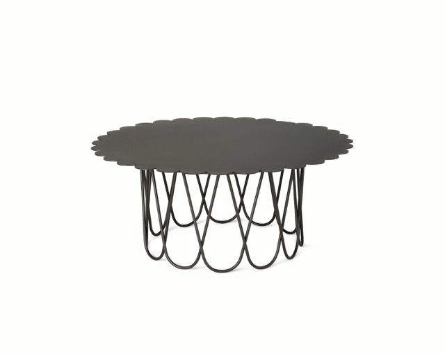 Black metal basket-style pendant light with a scalloped top and looping wire sides