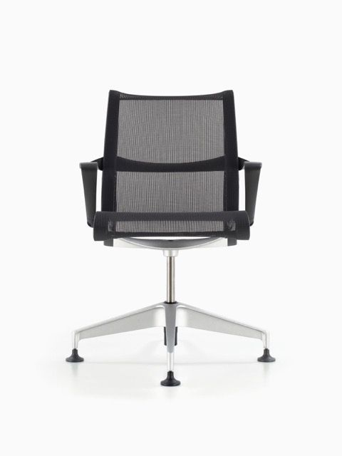 Black mesh office chair with chrome base on a white background