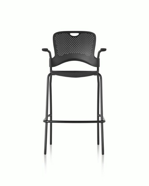 Black bar stool with perforated backrest and armrests on a white background
