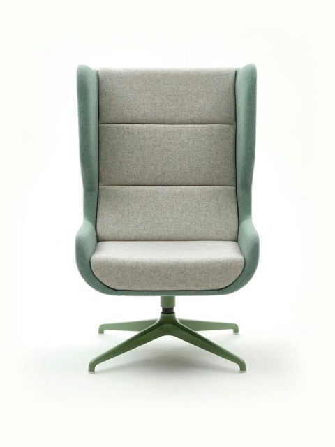 Modern gray upholstered office chair with green side panels and a green swivel base on a white background