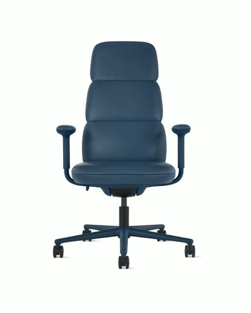 Dark blue ergonomic office chair with armrests and five-wheel base on a white background