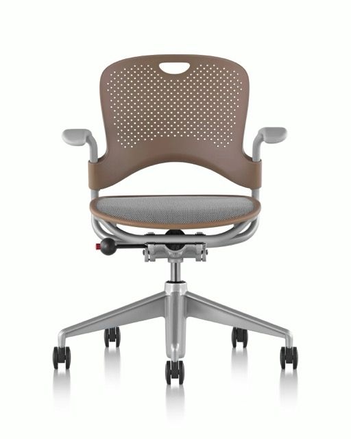Brown mesh office chair with armrests, five-wheel base, and silver frame on a white background