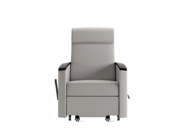 Gray recliner lift chair with padded arms and footrest, shown front view on a white background