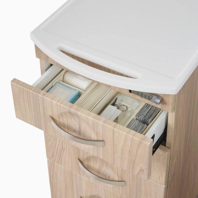 Wood-tone rolling medical carts with drawers and handles on a white background