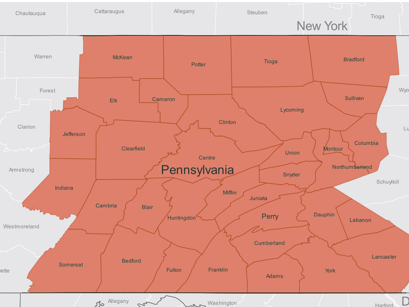Shaded map of Pennsylvania counties with labeled borders, showing a red-orange highlighted region near New York.