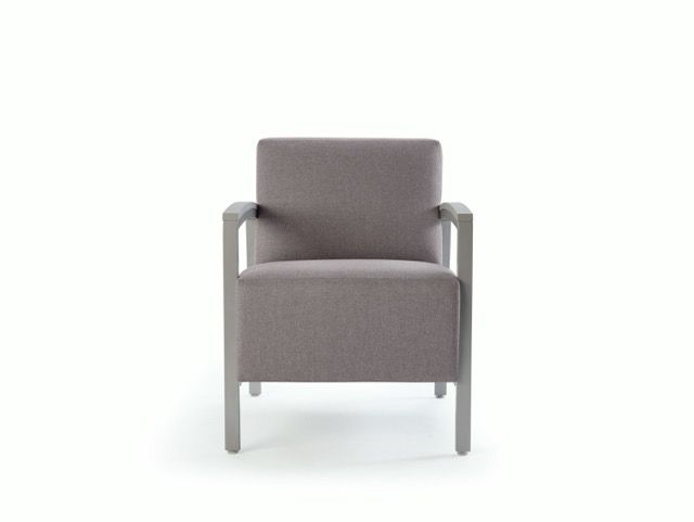 Gray upholstered armchair with wooden legs on a white background