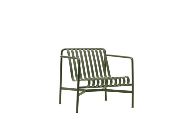 Olive-green metal slatted armchair on a white background