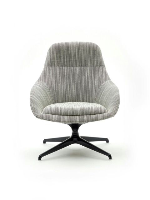 Gray woven lounge chair with black base on a white background