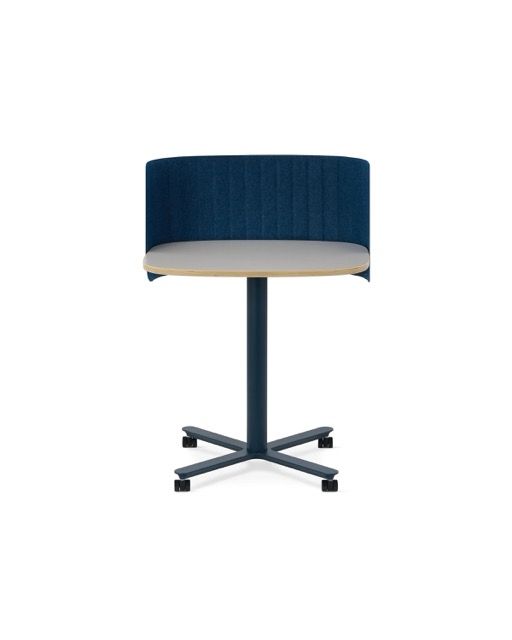 Blue upholstered round table lamp with a white underside and black pedestal base on a white background