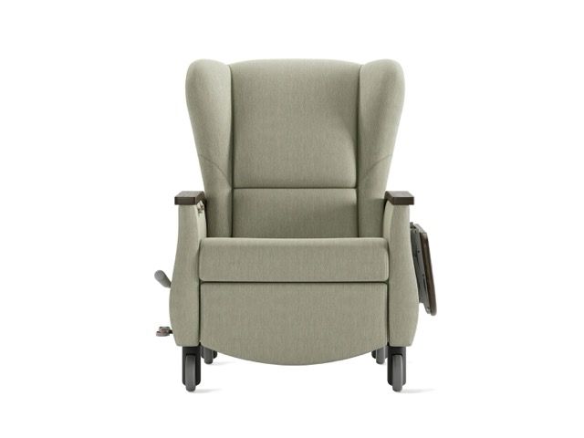 Light gray upholstered reclining armchair with side handles, shown front view on a white background