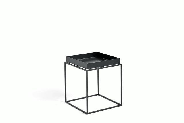 Minimal black metal side table with a square top and open frame on a white background
