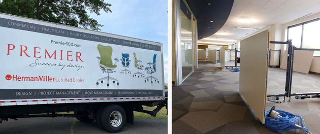 Split image: a Premier moving truck on the left and an empty office hallway with cubicles on the right