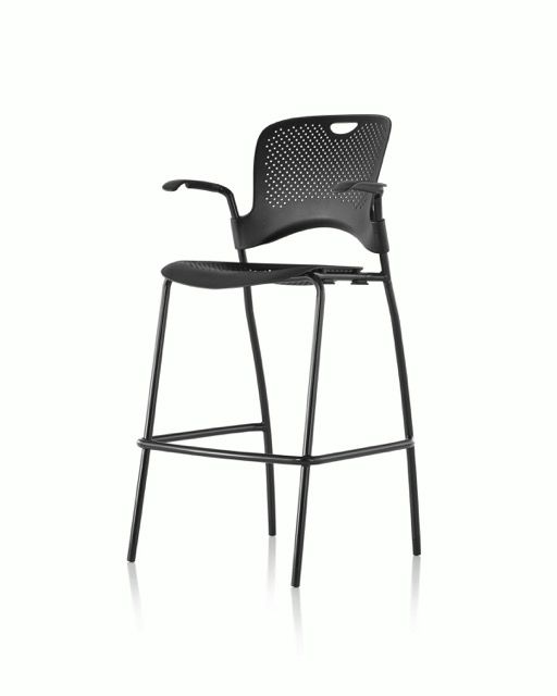 Black bar stool with perforated backrest and armrests on a white background