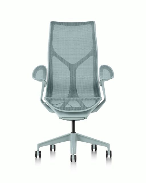 Gray mesh office chair with armrests and five-wheel base, front view