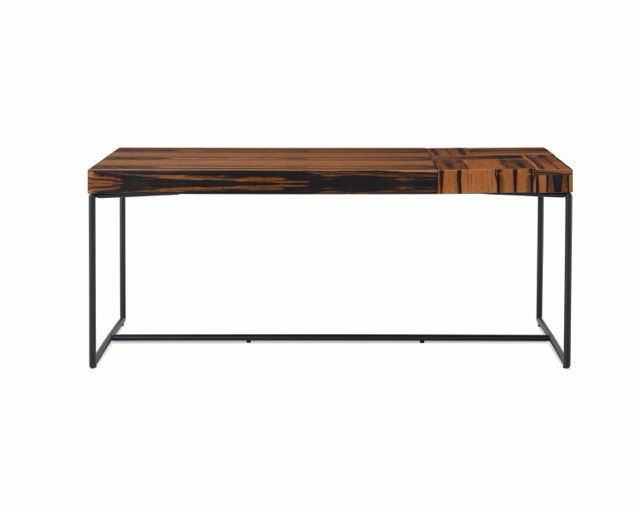 Wooden console table with black metal legs on a white background