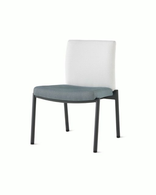 Modern chair with light gray backrest, blue seat cushion, and black metal legs on a white background