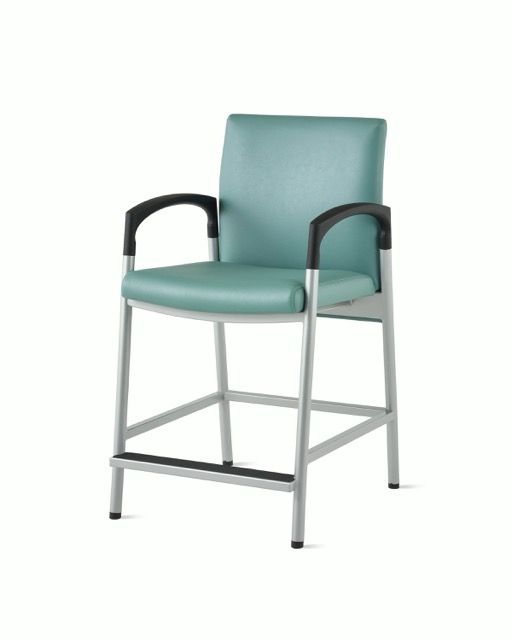 Teal upholstered armchair with black armrests and silver metal frame on a white background