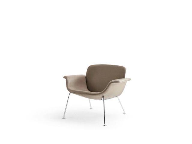 Modern lounge chair with tan and brown upholstery on thin metal legs