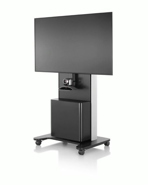 Black mobile TV stand with large flat-screen monitor on a wheeled base.