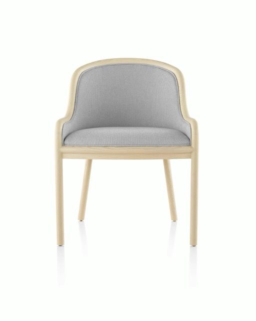 Light wood chair with gray upholstered seat and back on a white background