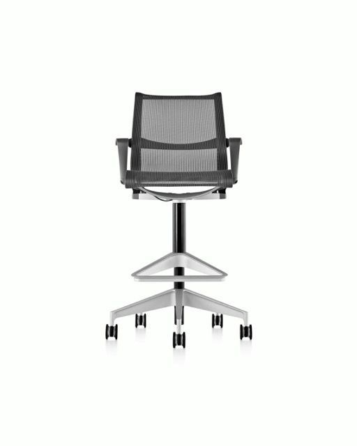Black mesh office chair with armrests and chrome base on white background