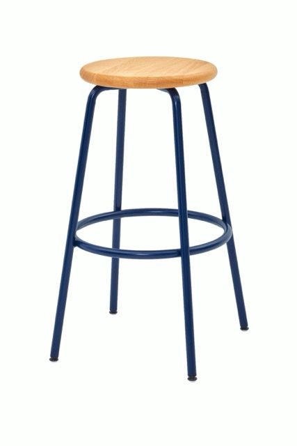 Blue metal bar stool with a round wooden seat on a white background