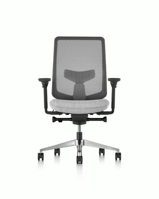 Gray mesh office chair with black armrests and five-star chrome base on a white background
