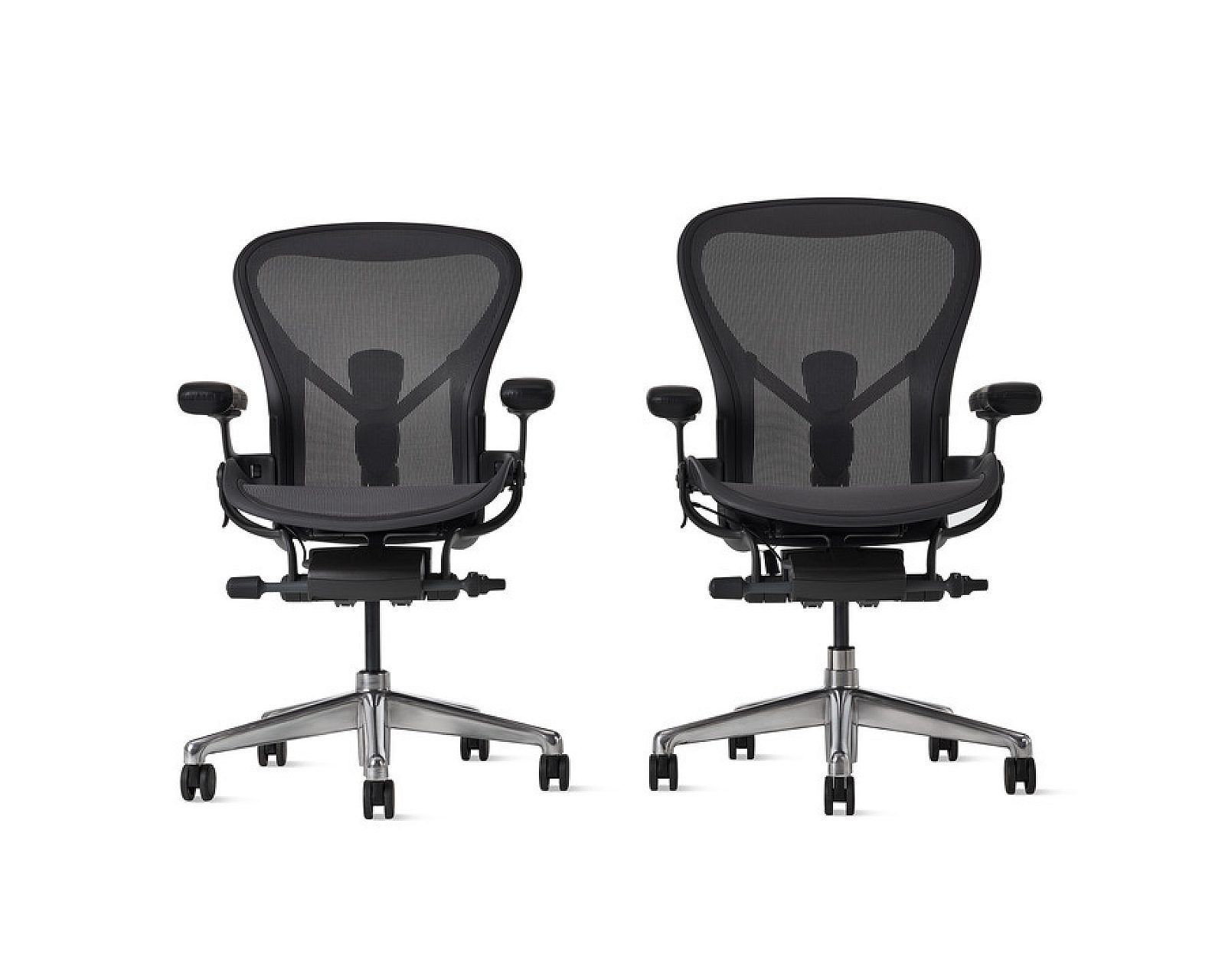 Two black mesh office chairs with armrests on a white background