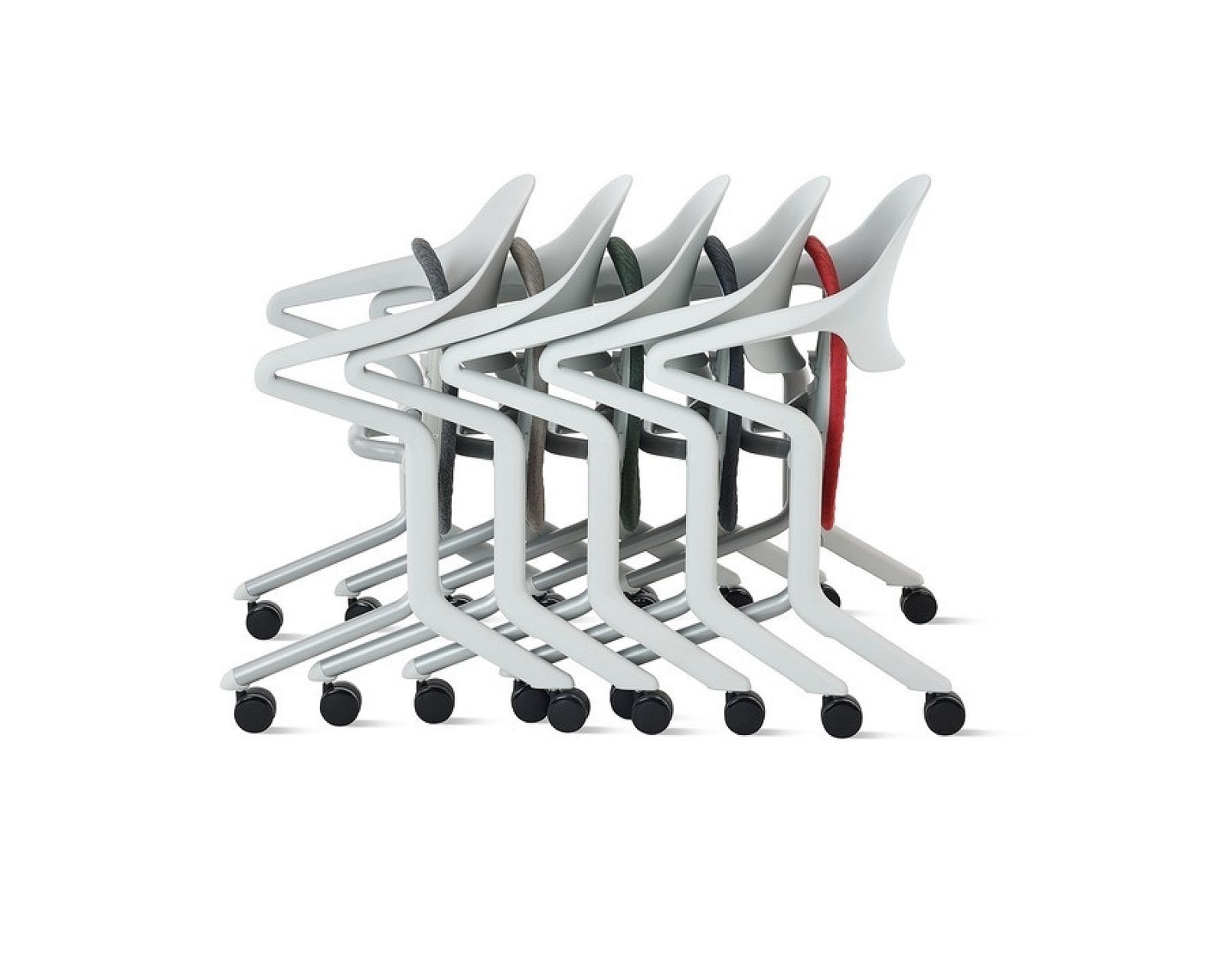 Stacked gray office chairs with black wheels on a white background