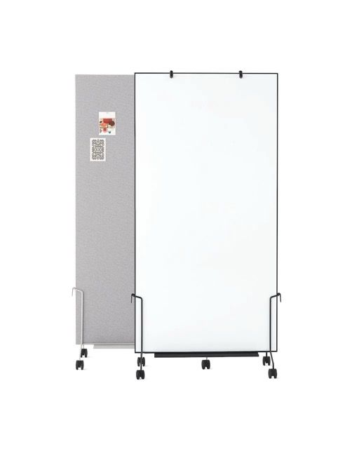 Two whiteboards on wheeled stands, one white and one gray, with markers attached at the bottom.