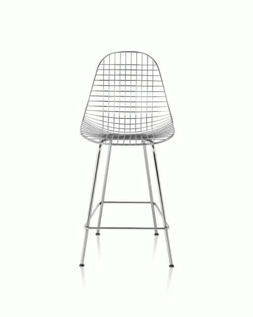 White wire-frame bar stool with metal legs on a plain white background