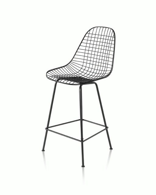 Black wire-frame bar stool with a curved back and seat on a white background