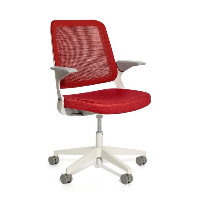 Red mesh office chair with white frame and armrests on casters