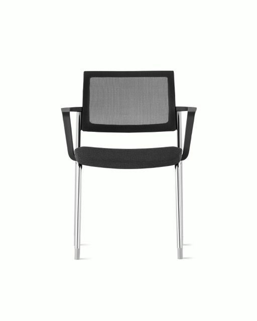 Black mesh office chair with silver legs on a white background
