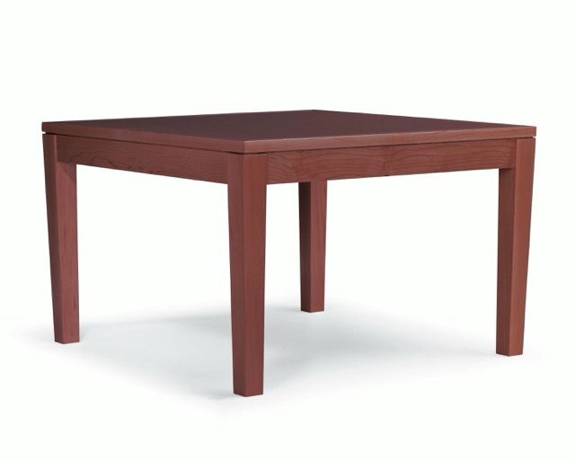 Brown wooden square dining table with four legs on a white background