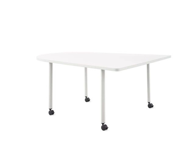 White triangular office desk with rounded front edge and three black casters on a white background