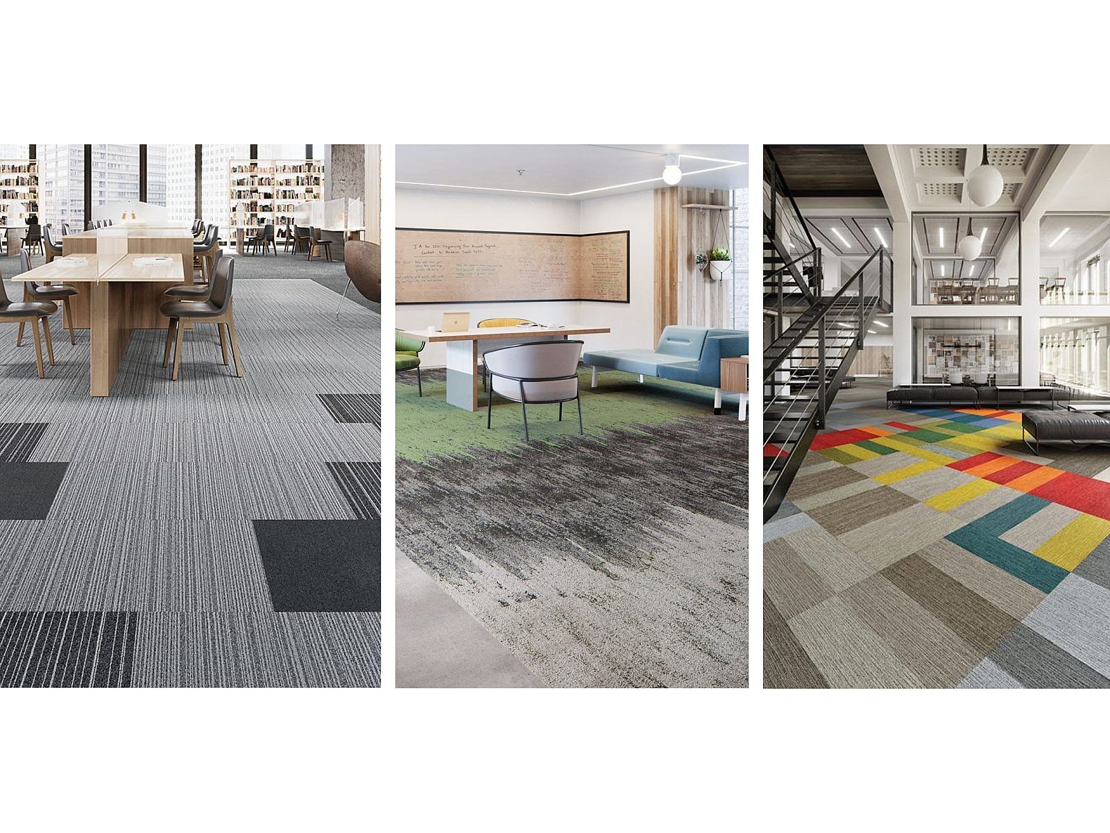 Three office interiors with patterned carpet tiles in gray, green, and multicolor designs.