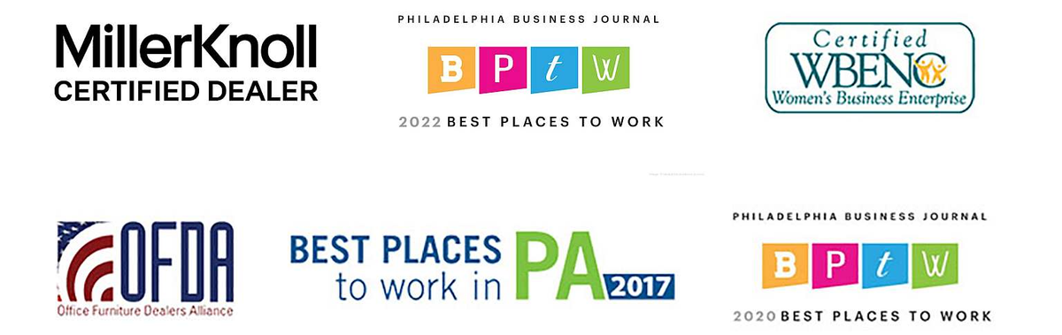 Company logos and awards, including MillerKnoll, BPW, Certified WBENC, and OFA Best Places to Work in PA 2017.