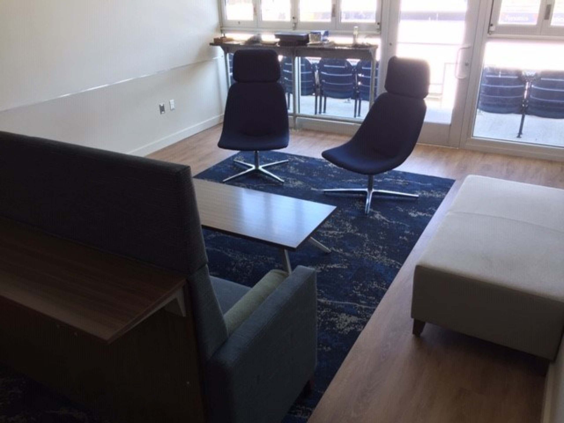Modern living room with two chairs, sofa, coffee table, and blue rug near a bright window.