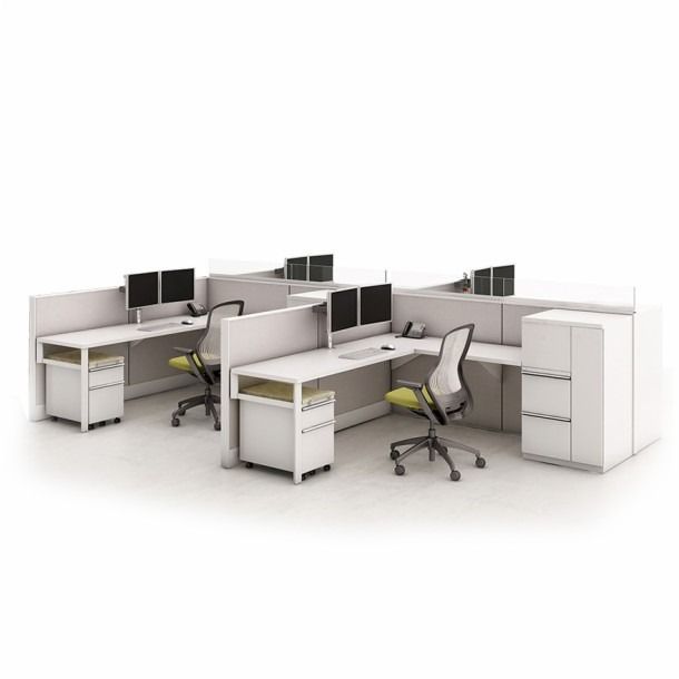 Modern office lounge with desks, black chairs, glass dividers, and orange sofas on gray carpet.