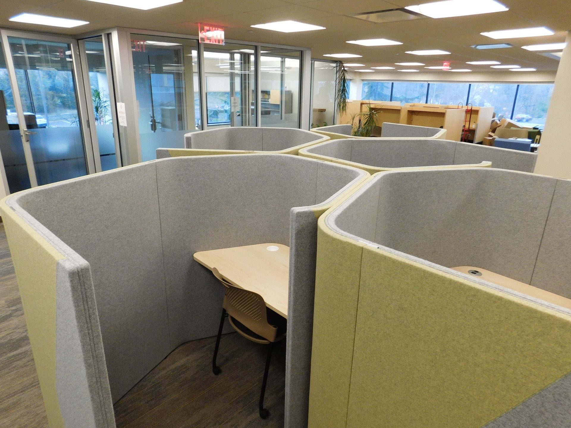 Open office cubicles with gray partitions and desks under bright fluorescent lights.