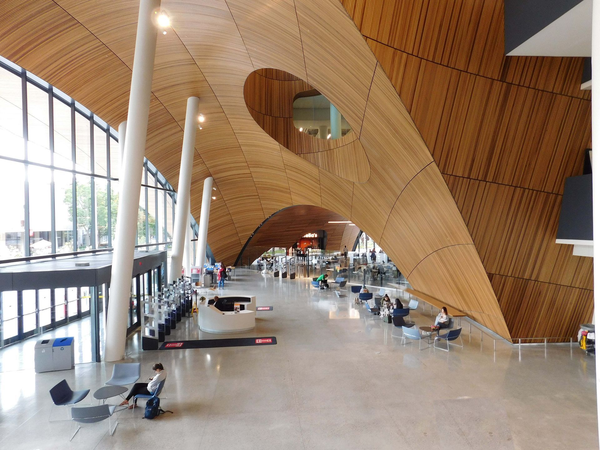Modern wooden interior with sweeping curved ceiling, large windows, and people seated in a bright open hall