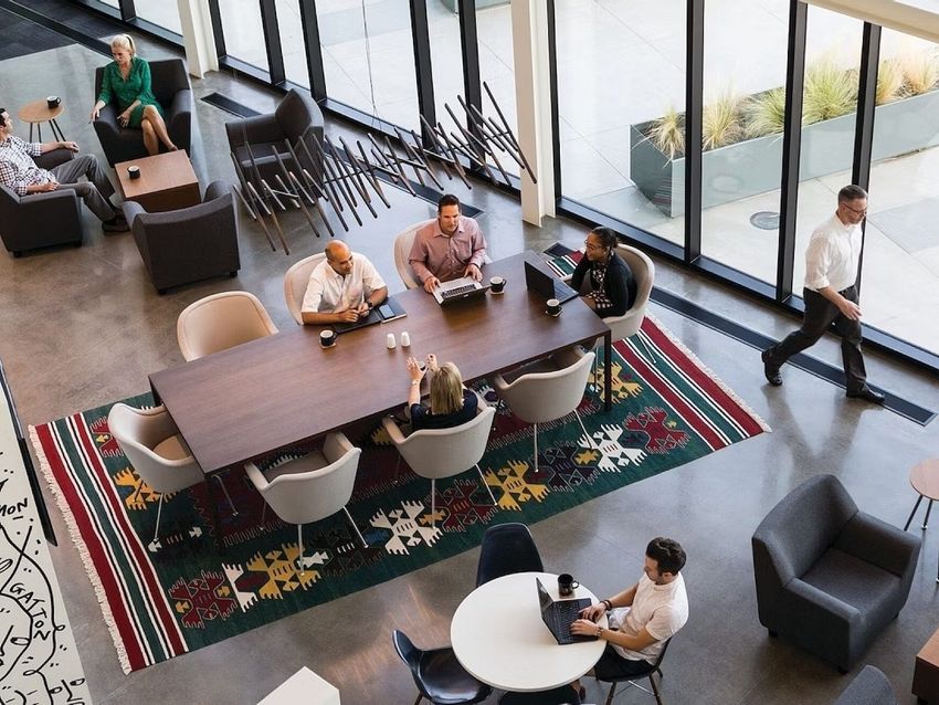 People meeting around tables in a bright modern lounge with large windows and patterned rugs.