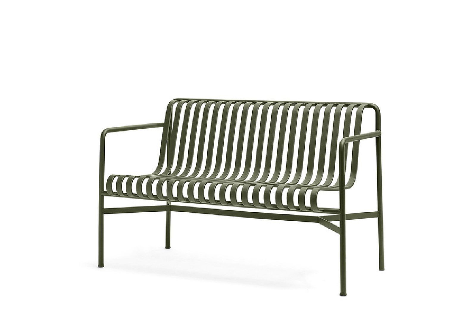 Olive green metal outdoor bench with curved slatted seat and backrest on a white background