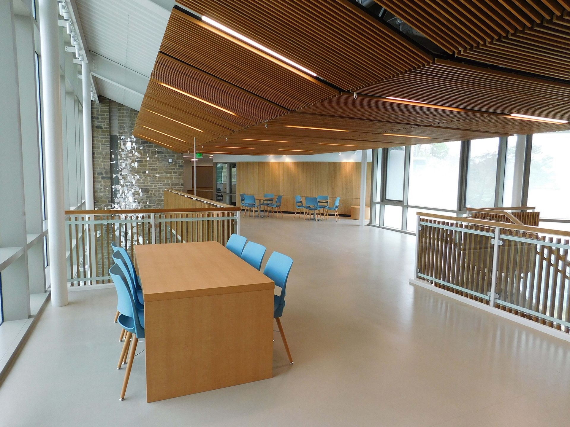 Modern atrium with wooden tables, blue chairs, and curved wood ceiling by large windows