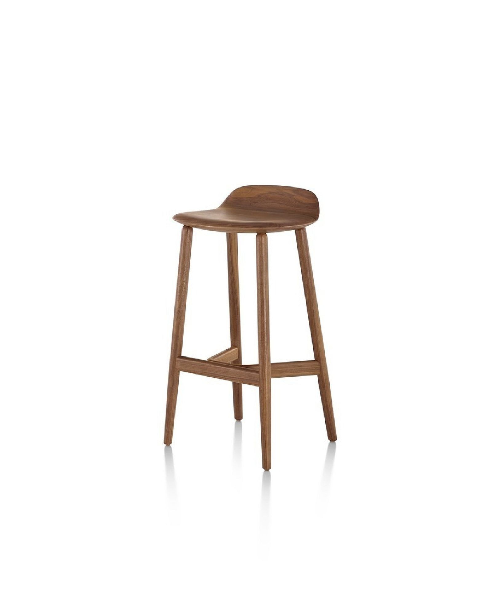 Tall wooden bar stool with a curved brown seat on a white background