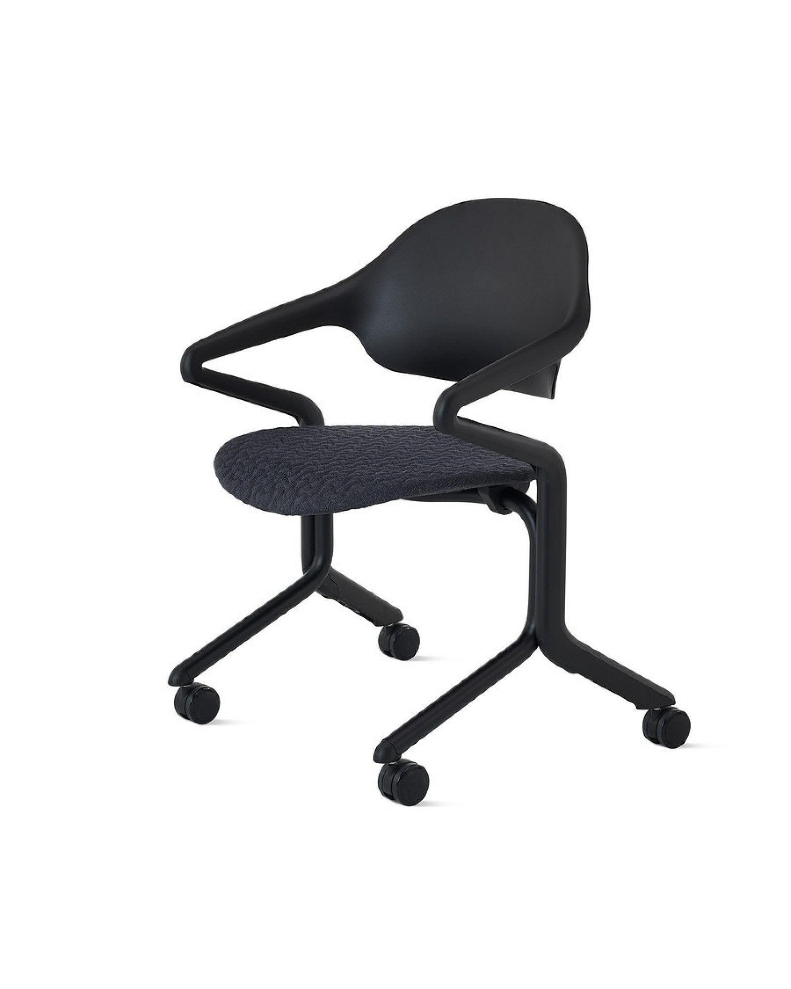 White ergonomic chair with a red seat and black caster wheels on a white background